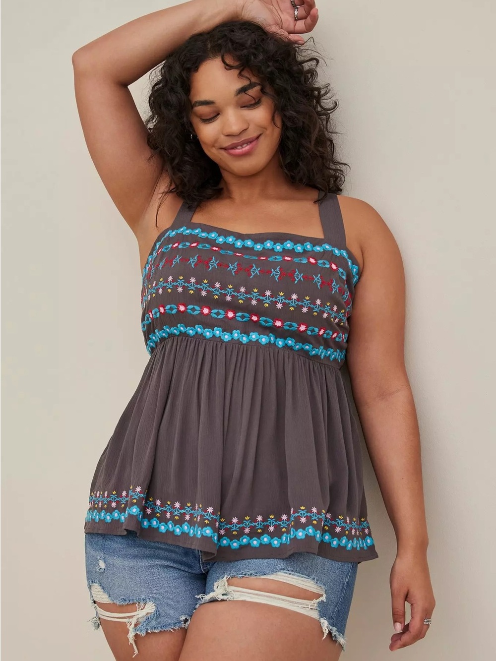 TORRID Embroidered Cottagecore Peplum Tank in Gauze Dark Grey Sz 0
